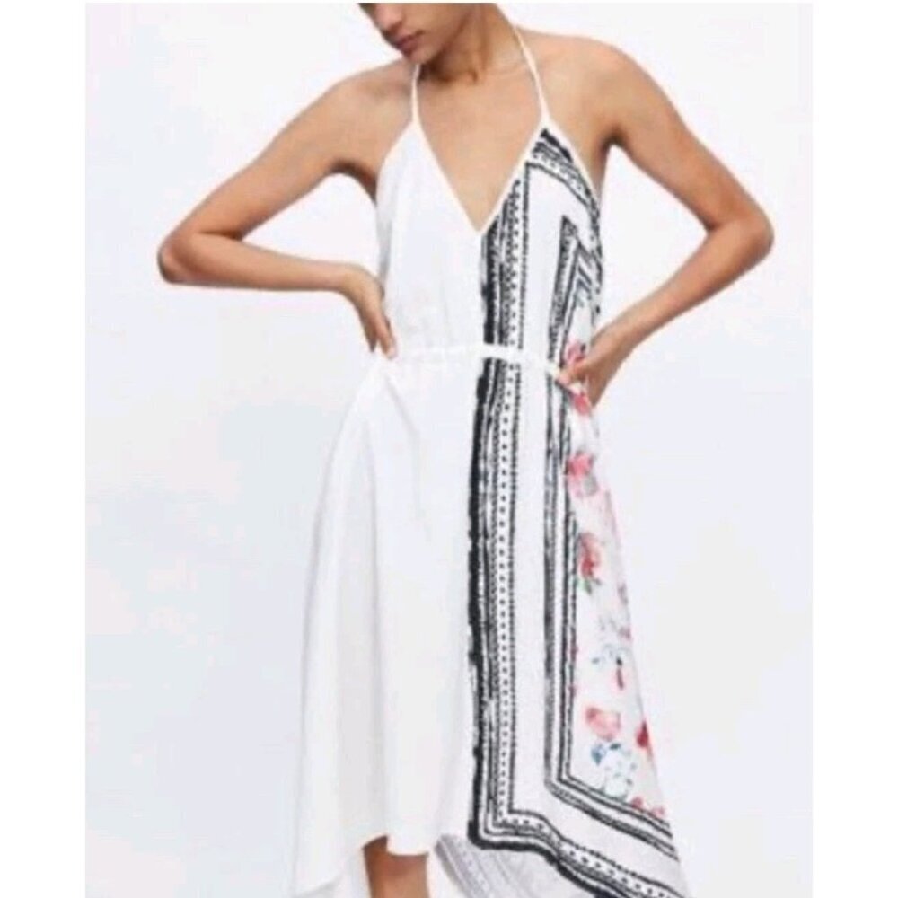 ZARA Combined Asymmetric Halter V-Neck Dress Rose Print Black/White/Red Sz S